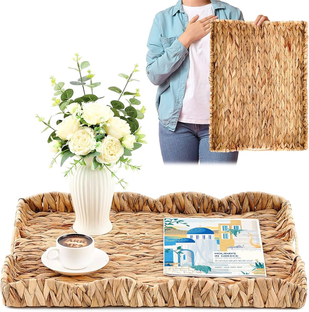 24" L x 18" W x 2.4" H Wicker Scalloped Tray Handwoven Woven Rattan Serving Ottoman Tray with Han... | Amazon (US)