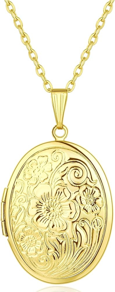 YOUFENG Oval Round Flower Locket Necklace that Holds Pictures Photo Locket Pendant Gifts for Wome... | Amazon (US)