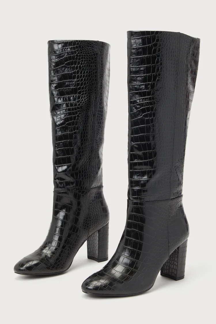 Krafty Black Croc-Embossed Knee-High Boots | Lulus (US)