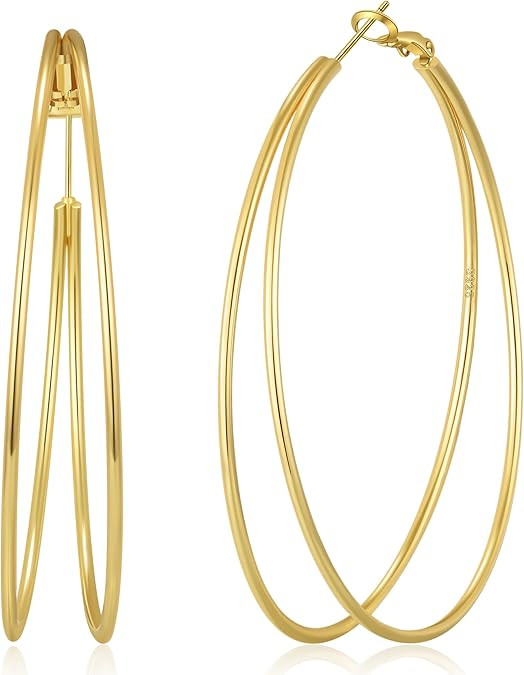 OOOPEL Large Thin Double Hoop Earrings for Women Lightweight Hypoallergenic 925 Sterling Silver P... | Amazon (US)