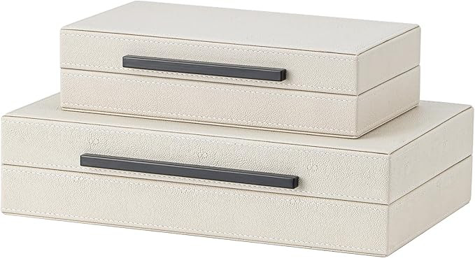 Set of 2 Beige Shagreen Decorative Storage Boxes with Black Metal Handles – Faux Leather Jewelr... | Amazon (US)
