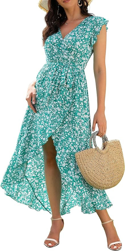 GRECERELLE Women's Summer Floral Print Cross V Neck Dress Bohemian Flowy Long Maxi Dresses | Amazon (US)