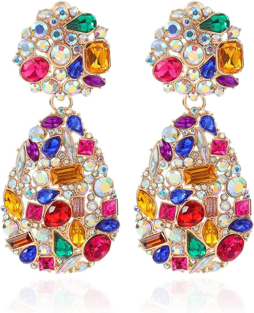 Rhinestone Statement Earrings Teardrop Costume Earrings Cluster Crystal Chandelier Drop Dangle Ea... | Amazon (US)