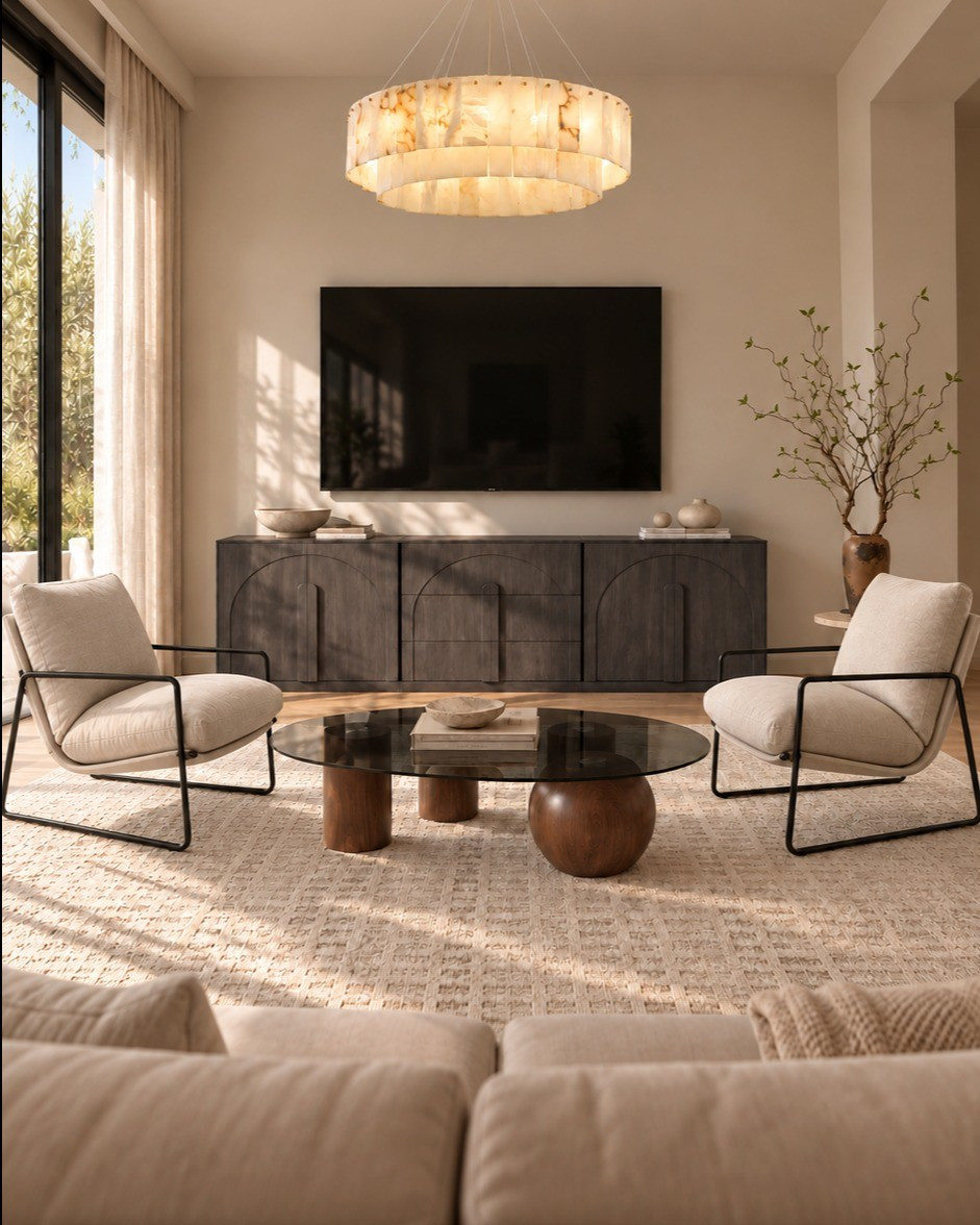 Organic modern living room with a statement charcoal cabinet, glass coffee table, cozy cream chairs, and a warm alabaster chandelier.

#LTKHome #LTKSaleAlert