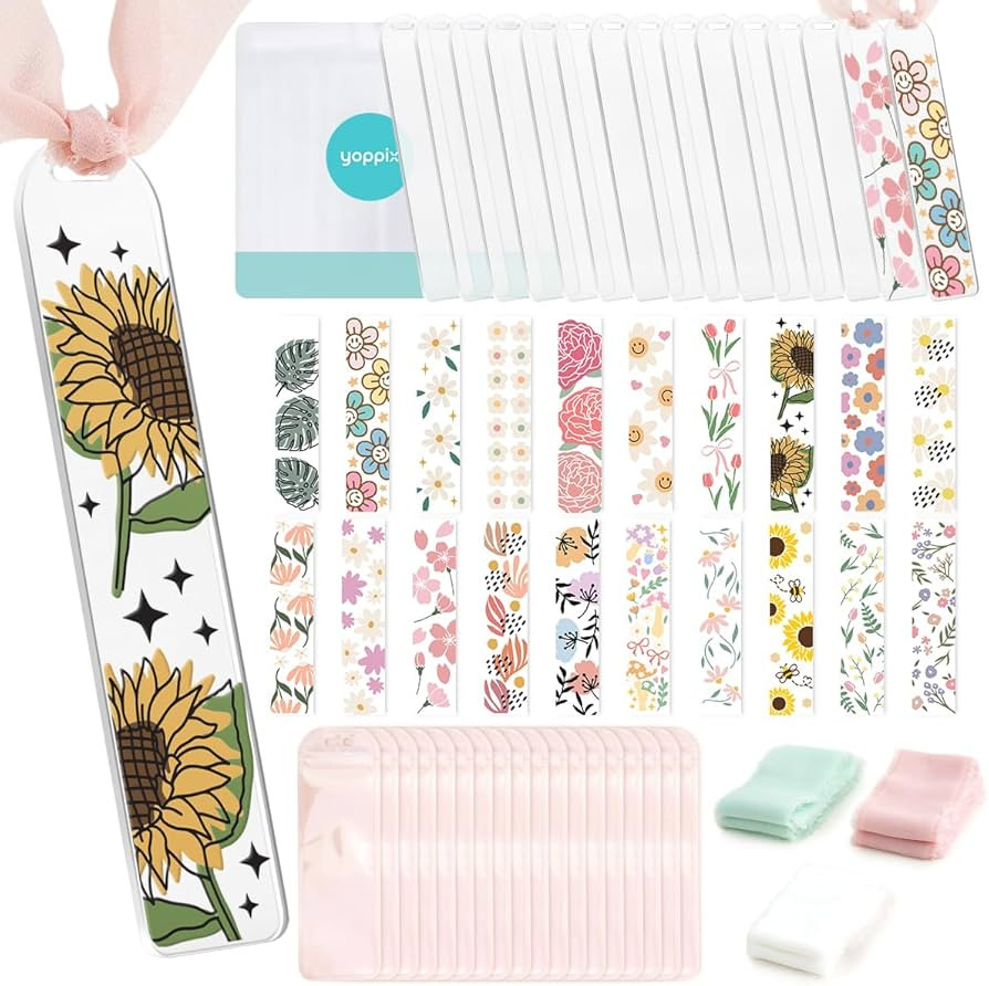 65 Pcs Bookmark Making Kit - 3mm Thicken 15 Acrylic Bookmark Blanks with 20 Pcs Floral UV DTF Sti... | Amazon (US)