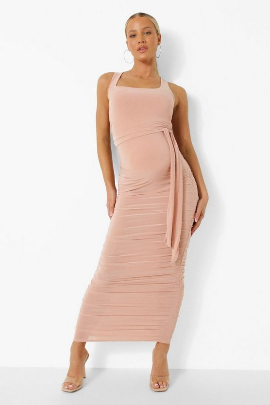 Maternity Square Neck Ruched Midi Dress | Boohoo.com (US & CA)