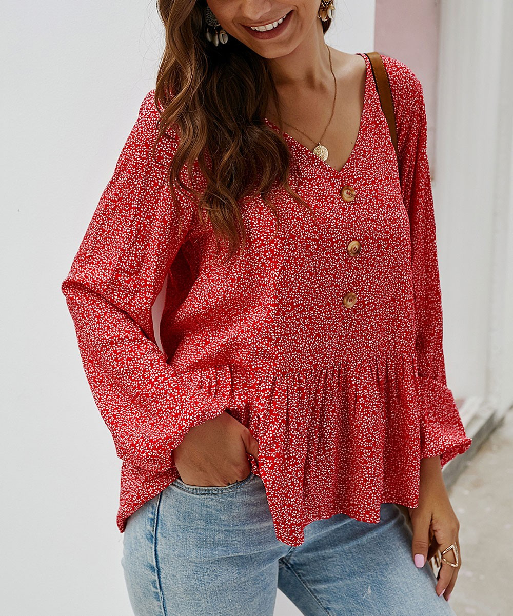 Gaovot Women's Blouses red - Red Ditsy Floral Peplum Top - Women | Zulily