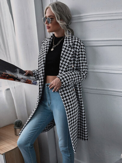 Lapel Collar Double Breasted Houndstooth Coat | SHEIN