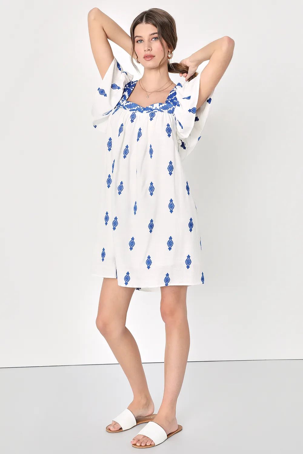 Mykonos Moment White and Blue Embroidered Linen Shift Mini Dress | Lulus