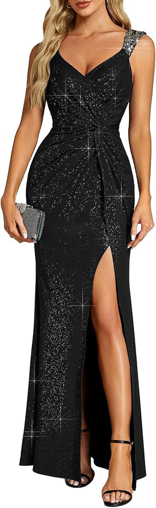 Ever-Pretty Women's Formal Wedding Guest Dresses V-Neck Stretchy Glitter Bodycon Sleeveless High ... | Amazon (US)