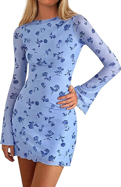 PRETTYGARDEN Women's 2025 Fall Fashion Floral Long Sleeve Mini Dress Mesh Bodycon Short Party Dat... | Amazon (US)