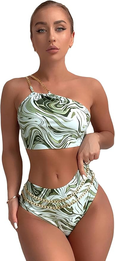 SOLY HUX Women's Sexy Tie Back One Shoulder Crop Top Bikini Set Two Piece Swimsuit | Amazon (US)