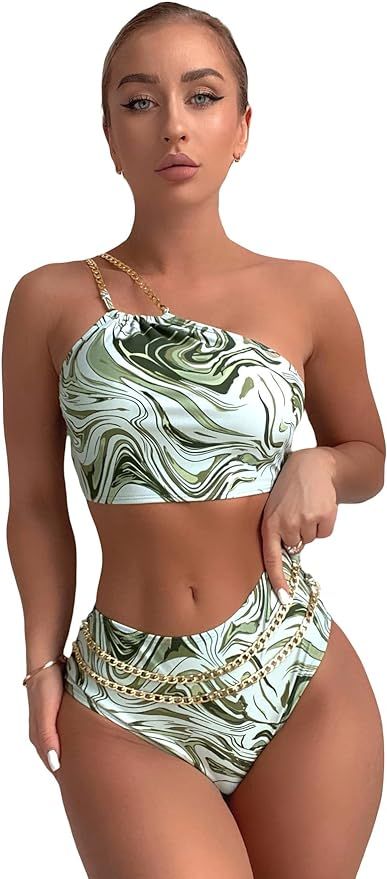 SOLY HUX Women's Sexy Tie Back One Shoulder Crop Top Bikini Set Two Piece Swimsuit | Amazon (US)