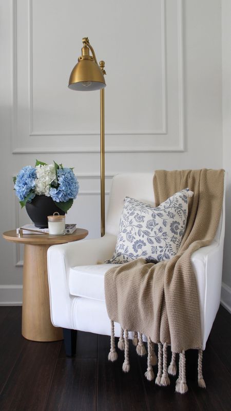 Summer home decor. Blue and white decor. Blue hydrangeas. White faux hydrangeas. Gold floor lamp. Accent chair. Accent table. Black vase. Target style. Amazon home. Wayfair finds. Pottery Barn furniture on a budget. #LTKfind

#LTKSeasonal #LTKhome
