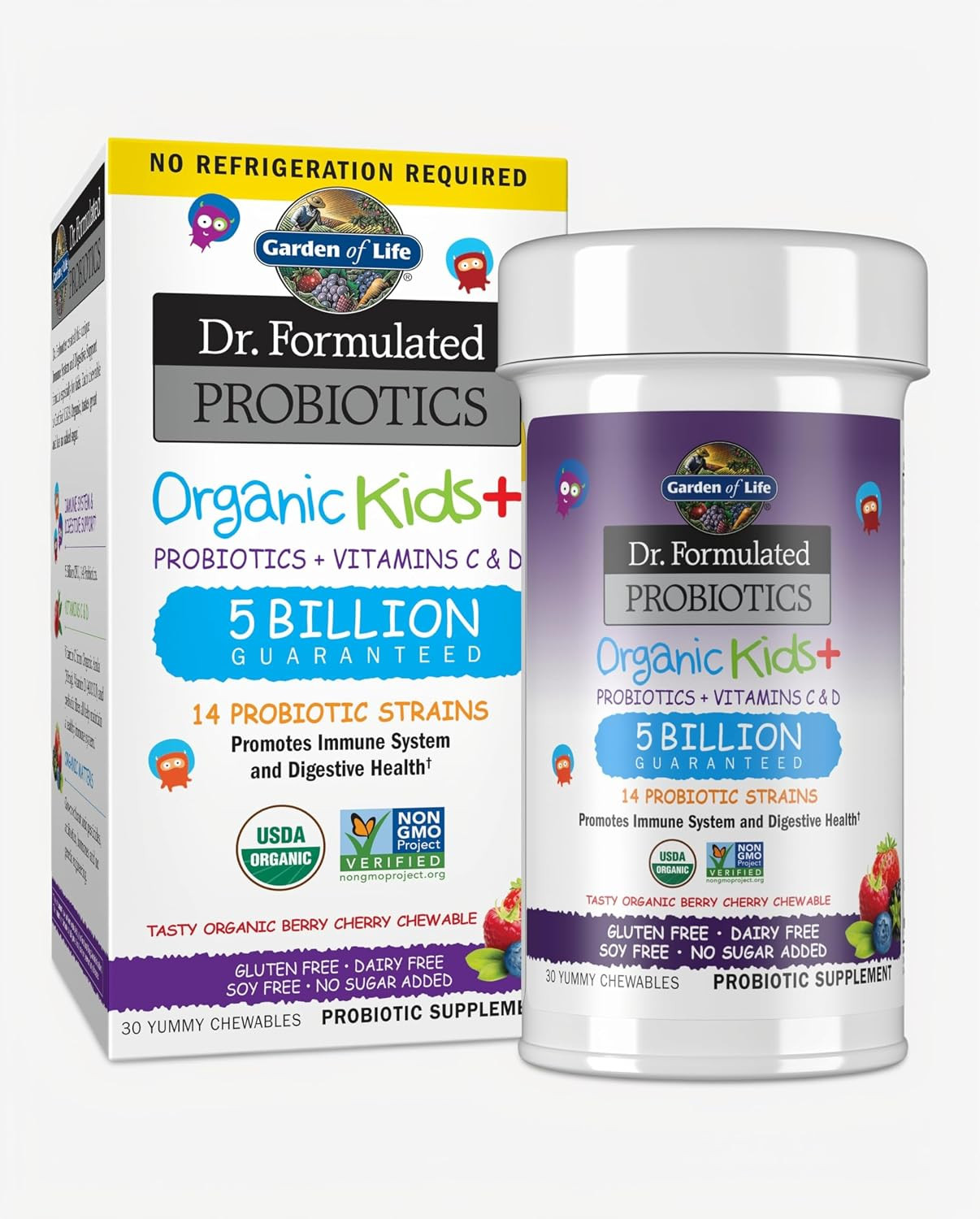 Garden of Life Dr. Formulated Probiotics Organic Kids+ Plus Vitamin C & D - Berry Cherry - Gluten, Dairy & Soy Free Immune & Digestive Health Supplement, No Added Sugar, 30 Chewables (Shelf Stable) | Amazon (US)