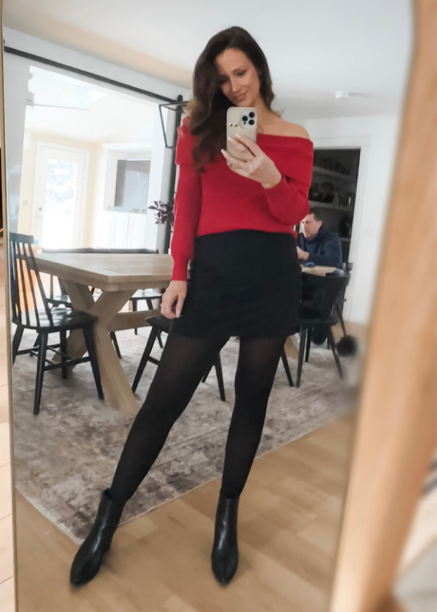 Valentine’s Day Outfit ❤️ An off-the-shoulder sweater with a black mini skirt, tights and black booties is an easy and festive outfit for date night. 

🏷️ date night outfit , Valentine’s sweater , Valentine’s Day outfit , off shoulder top , red sweater , winter outfit , fleece lined leggings , thermal leggings

#LTKSeasonal #LTKparties #LTKshoecrush