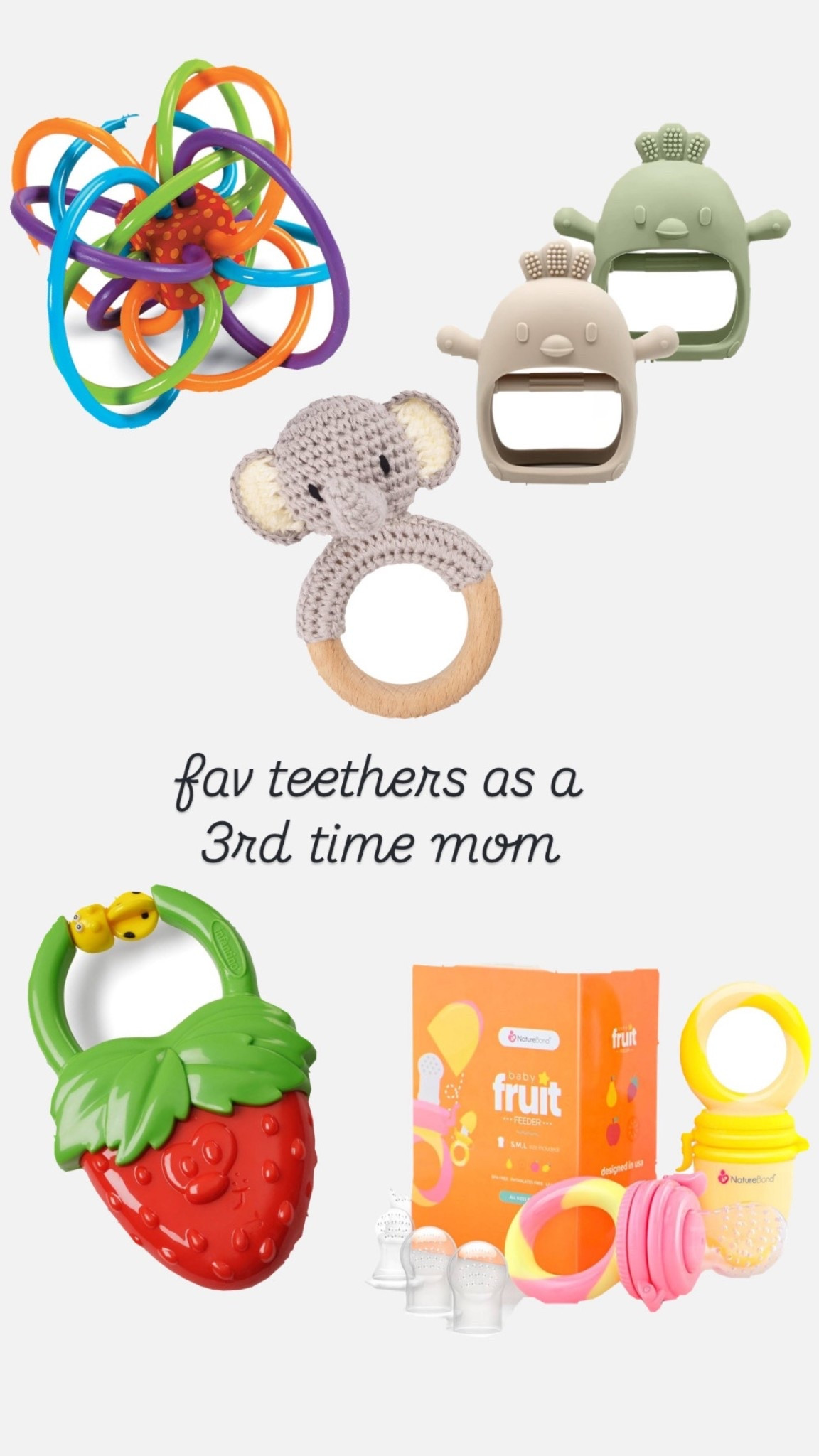 All 3 of my boys have been obsess with them all! The strawberry vibrates for extra soothing on sore gums! Freeze breastmilk or formula in the little milk tray and pop the “ice cube” inside the fruit teether!

#LTKFamily #LTKBaby #LTKBump