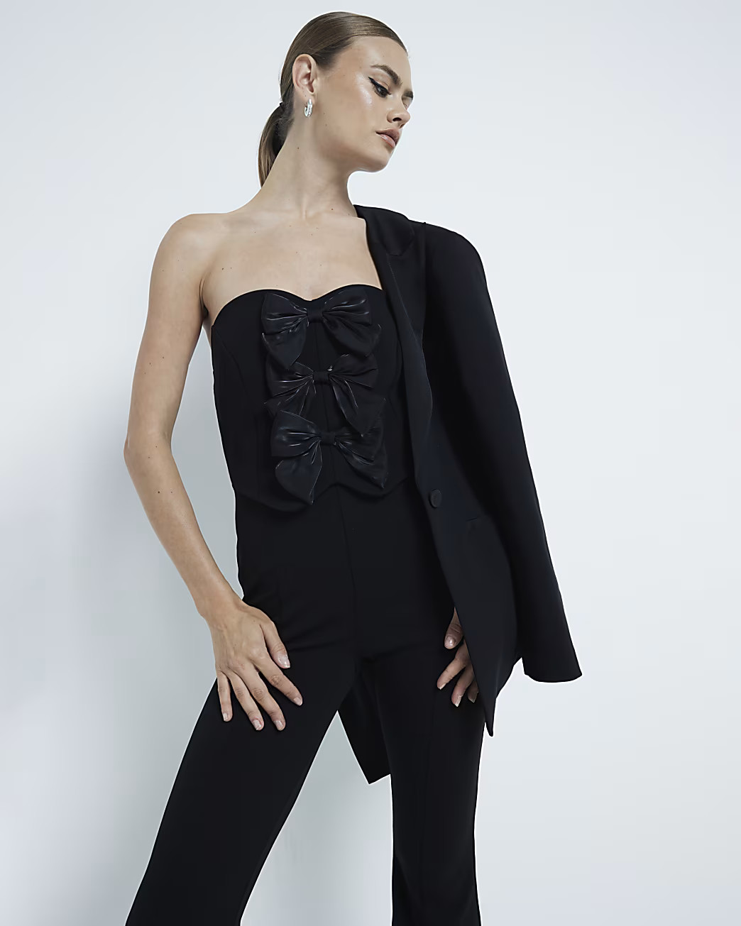 Black Bow Bandeau Jumpsuit | River Island (UK & IE)