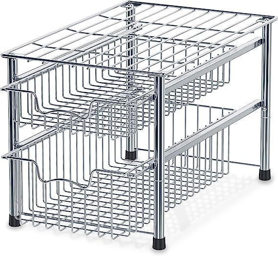 SimpleHouseware Stackable 2 Tier Sliding Basket Organizer Drawer, Chrome | Amazon (US)