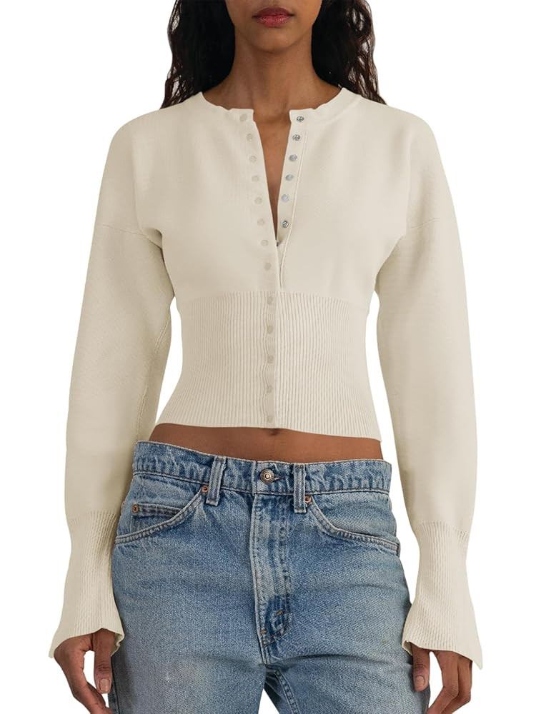 Saodimallsu Womens Cropped Sweaters Button Down Long Sleeve V Neck Ribbed Knit Slim Fit Pullover ... | Amazon (US)