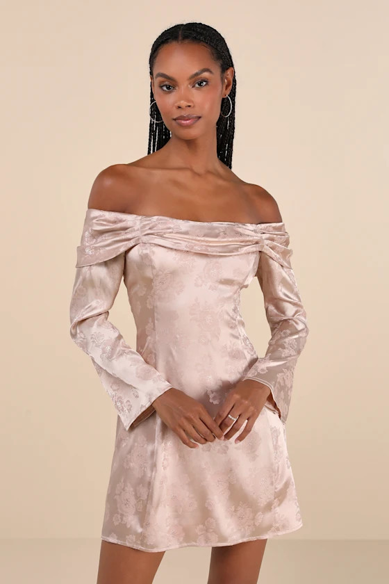 Truly Yours Blush Satin Jacquard Off-the-Shoulder Mini Dress | Lulus