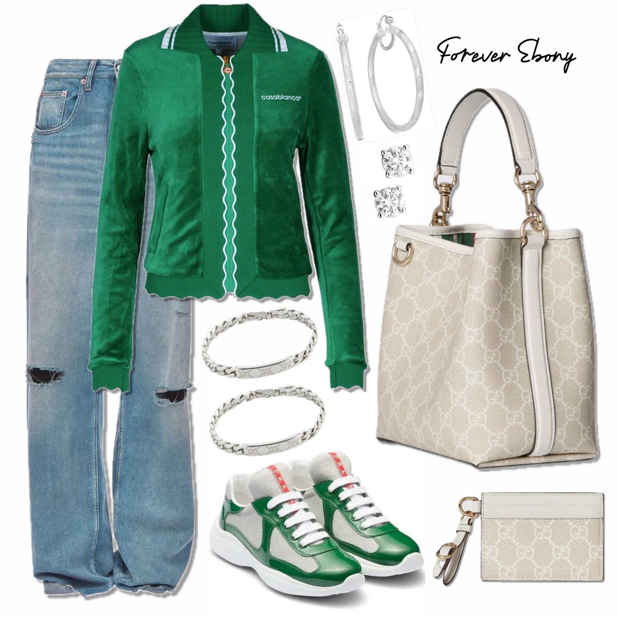 Sporty meets chic in this casual-cool look! The  jacket and distressed denim bring laid-back vibes, while the beige and white Gucci emblem bag adds a touch of luxury. Perfect for errands, lunch dates, or just turning heads effortlessly. #GucciBag #GucciStyle

#LTKActive #LTKStyleTip #LTKItBag
