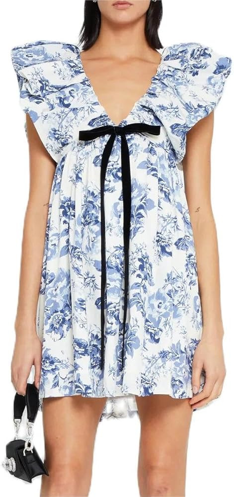 Womens Boho Mini Dress Y2k Floral Puff Sleeve Babydoll Dress Deep V Neck Bow Tie Front Backless B... | Amazon (US)