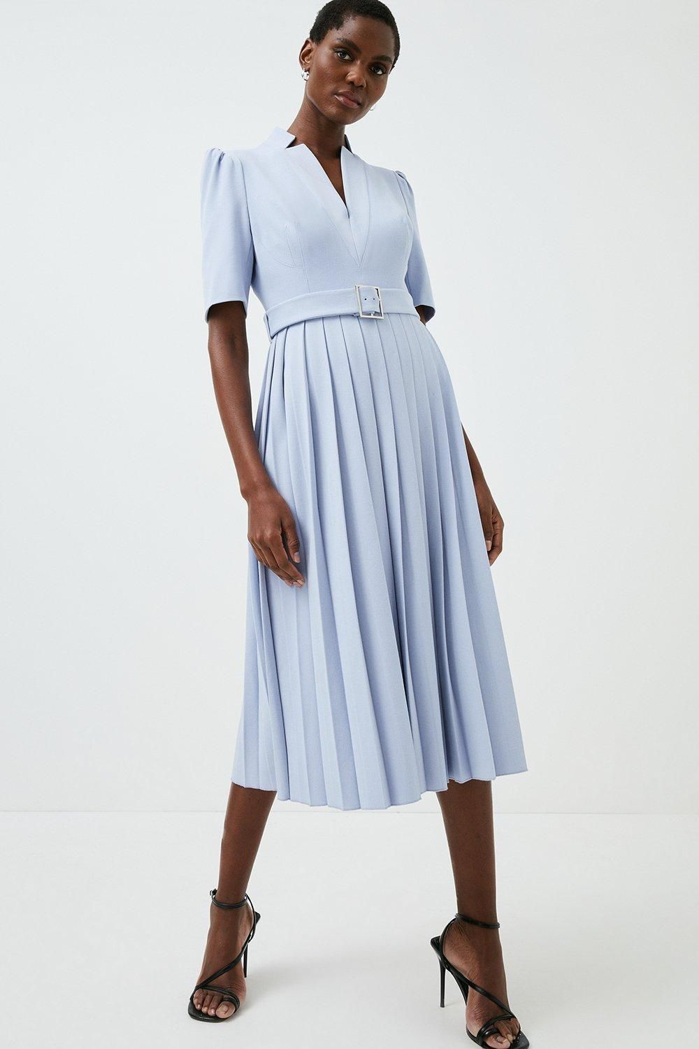 Structured Crepe Forever Pleat Belted Dress | Karen Millen US