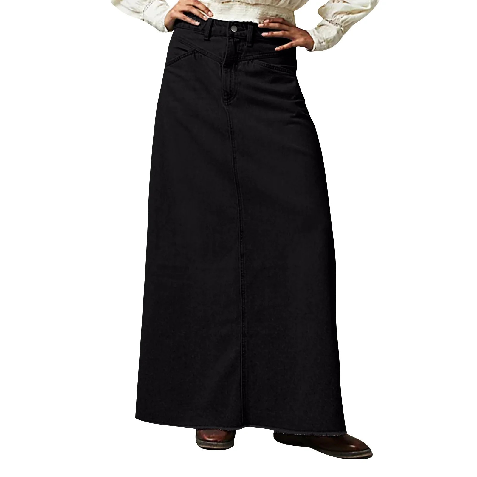 Mohiass Women Trendy Denim Maxi Skirt High Waist A-Line Frayed Hem Loose Long Jean Skirt Black S | Walmart (US)