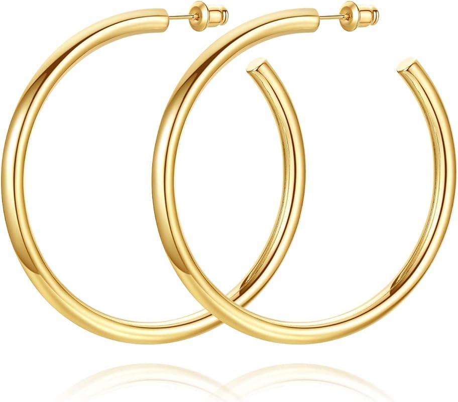 Howoo 14K Gold Plated Chunky Gold Hoops High Polished Gold Hoop Earrings for Women | Amazon (US)