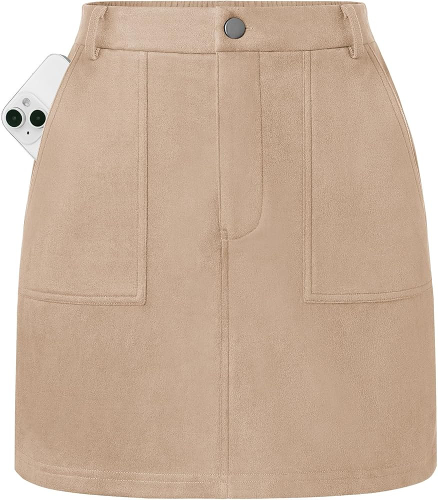 Kate Kasin Women Mini Suede Skirt, High Waisted Pencil Skirt with Pockets, Fall Winter Skirts 202... | Amazon (US)