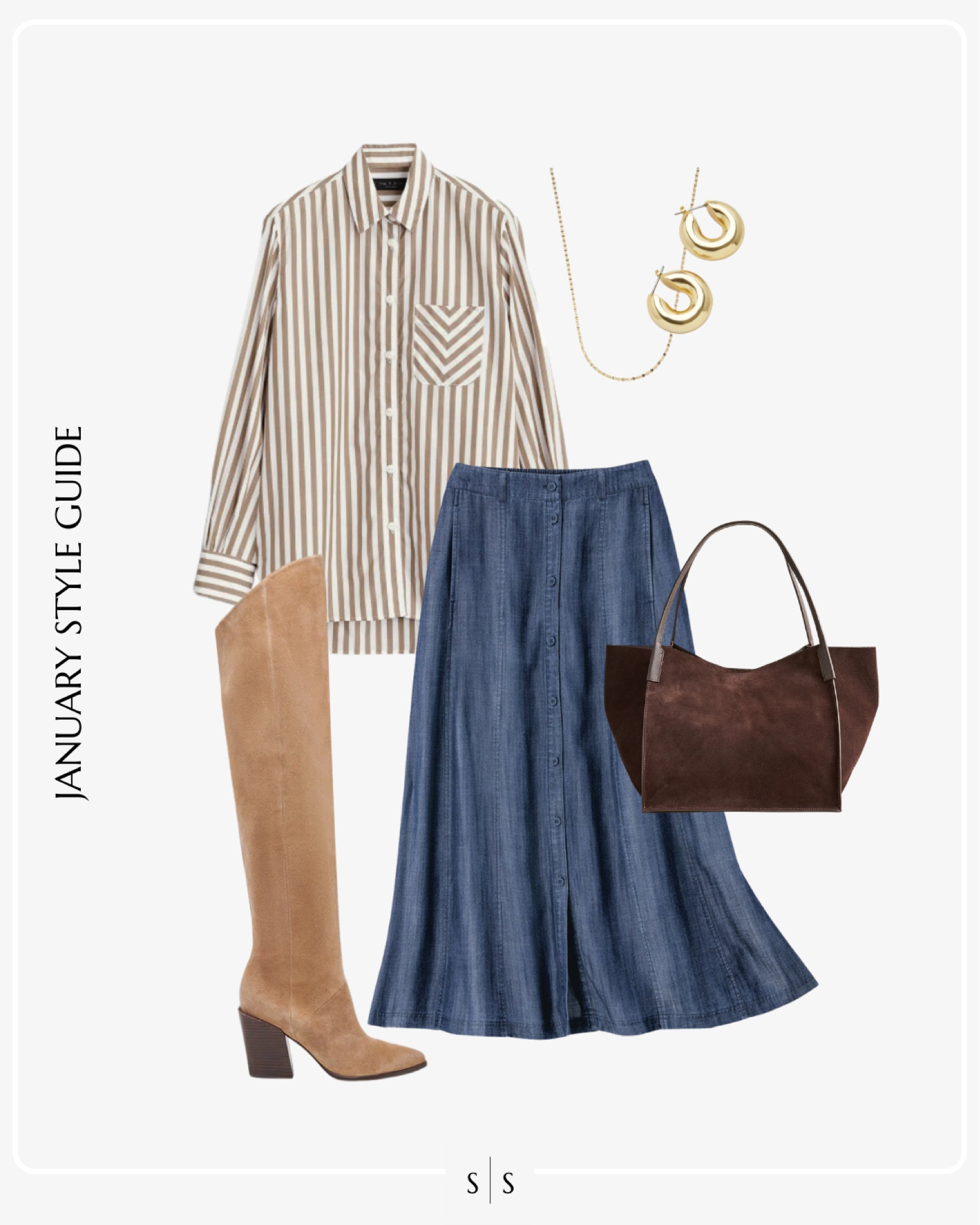 Monthly Style Guide: JANUARY Winter outfit looks to copy | striped button down blouse, denim skirt, thigh high boot, tote 

#winteroufit #winterfashion #outfitidea #sezane

#LTKStyleTip