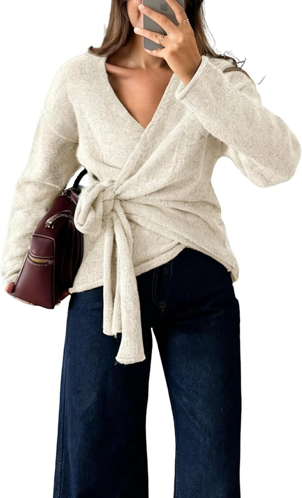Watashi Women Casual V Neck Wrap Sweater Long Sleeve Cozy Self Tie Belted Knit Sweaters Fall Wint... | Amazon (US)