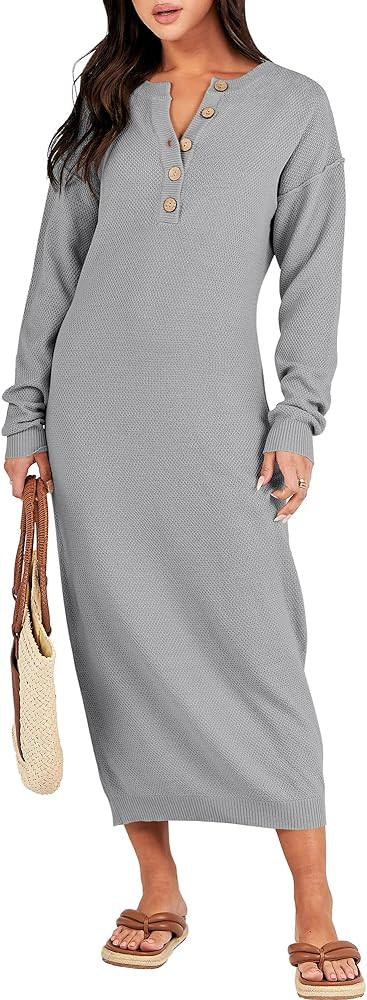 Women Sweater Dress Long Sleeve Button V Neck Oversized Casual Loose Fall Waffle Knit Long Dress | Amazon (US)