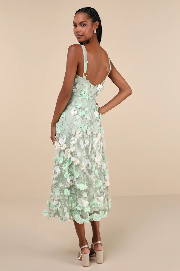 Elite Cutie Mint Green Mesh 3D Floral Embroidered Midi Dress | Lulus