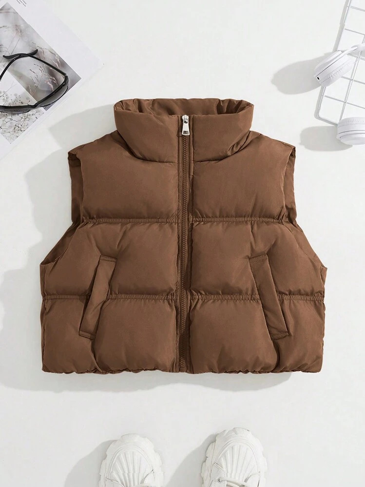 SHEIN MOOSTA Women's Solid Color Zip-Front Casual Vest Puffer Jacket, Winter Clothes Outwear | SHEIN