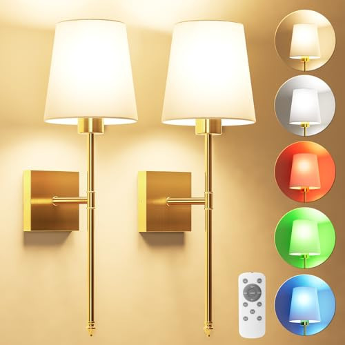 JOFIOS Battery Operated Wall Sconce Set of 2 - Gold Wireless Battery Wall Sconce with 5200mAh Rechargeable Light Bulb and Remote, RGB and Dimmable Cordless Lights for Bedroom, Living Room | Amazon (US)