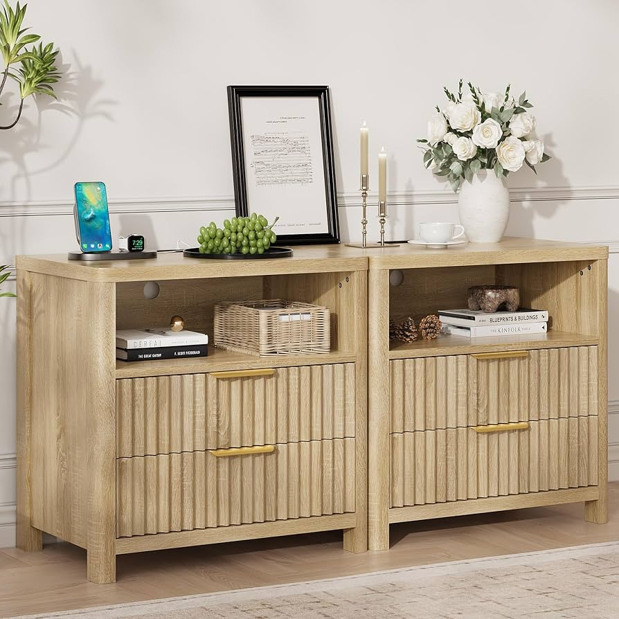 CypBed 23" Wide Fluted Nightstand Set of 2 with Charging Station, Wooden     Bedside Tables with ... | Amazon (US)