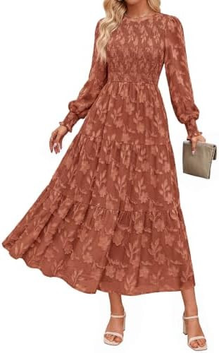 PRETTYGARDEN Fall Floral Long Sleeve Wedding Guest Dress for Women Pockets | Casual Textured Jacq... | Amazon (US)