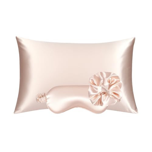 KISMETICS - Vegan Silk Sleep Set, Vegan Silk Pillowcase with Large Scrunchie and Eye Mask for Hair and Skin, Self Care Essential Satin Night Routine Kit (Light Pink Color) | Amazon (US)