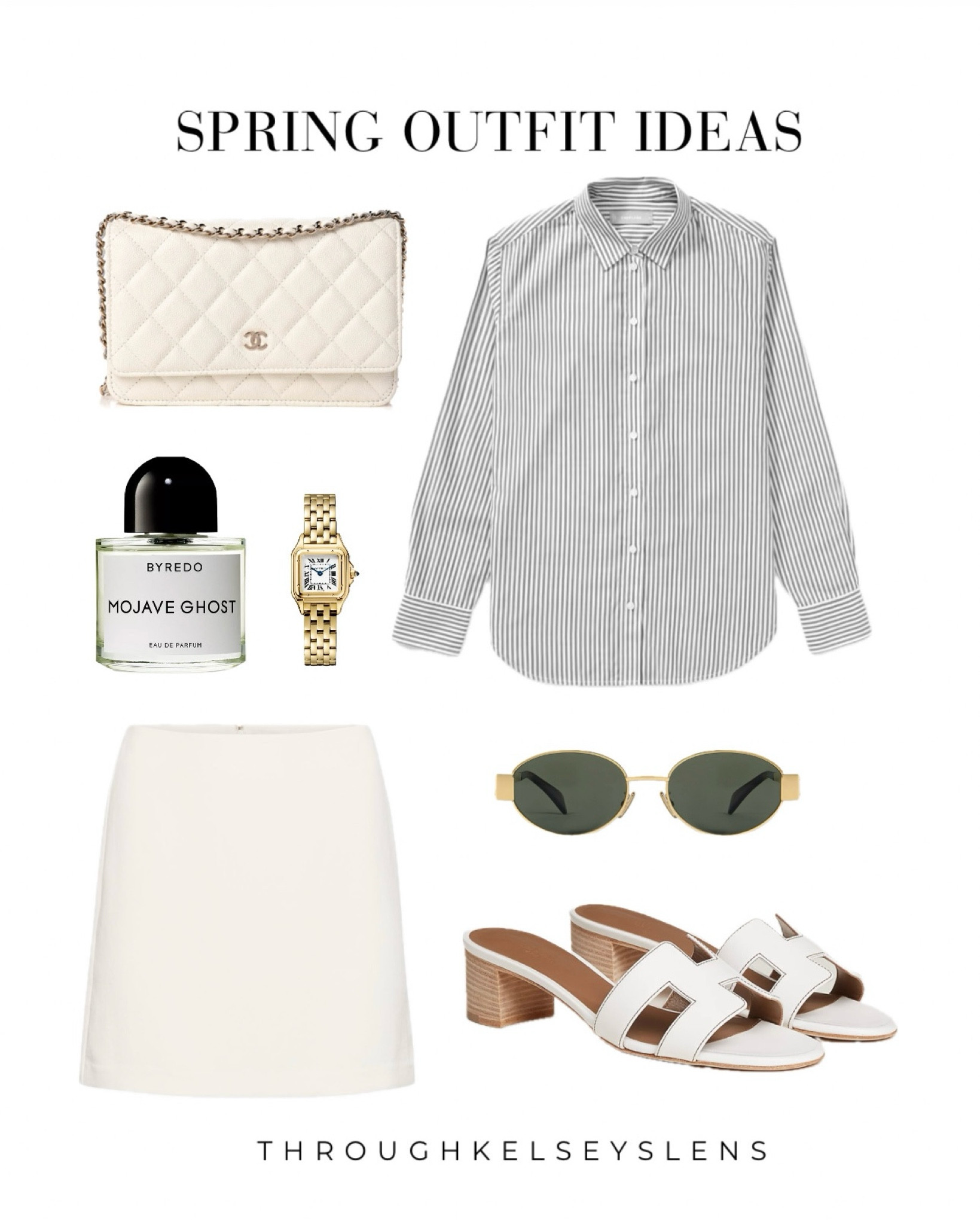 Spring outfit ideas
- Everlane silky cotton relaxed shirt in white and gray stripe
- White Aritzia miniskirt 
- Hermes Oasis sandals in white
- Chanel wallet on chain in white caviar
- Celine triomphe metal sunglasses
- Byredo Mojave Ghost perfume
- Cartier Panthere gold watch
