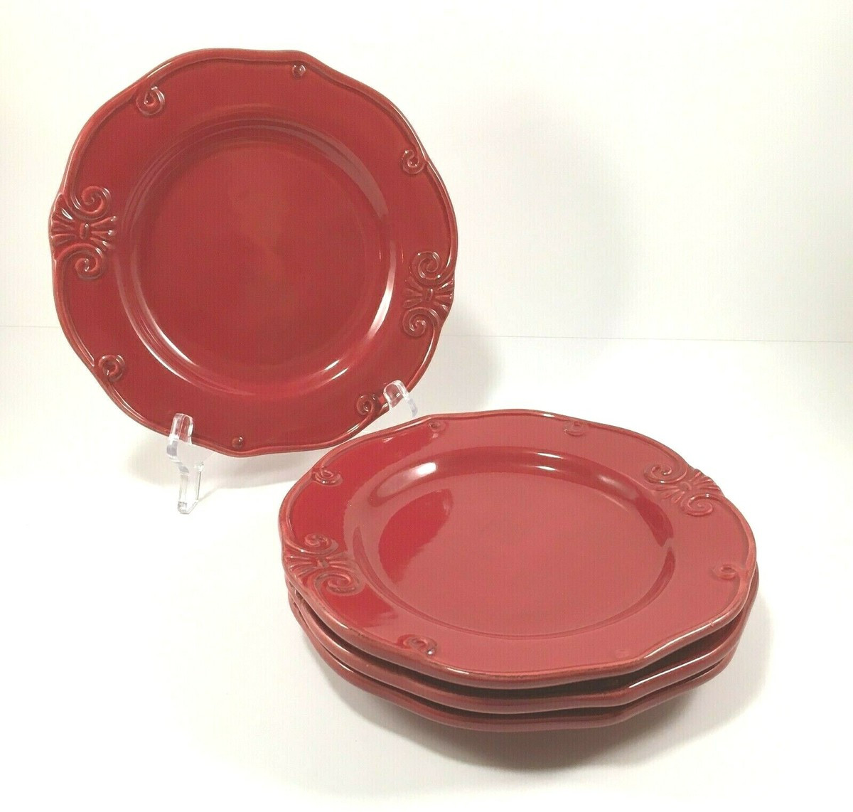 Set of 4 Lillian Vernon RED Embossed Scroll 8-1/2" Dessert/Salad/Snack Plates "Perfect Condition!... | eBay US