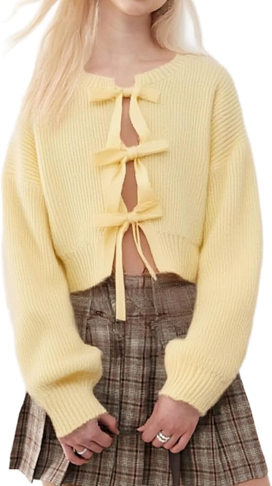 Womens Tie Front Cardigan Sweaters Bow Long Sleeve Crew Neck Loose Cropped Knit Y2K Fall Sweater ... | Amazon (US)