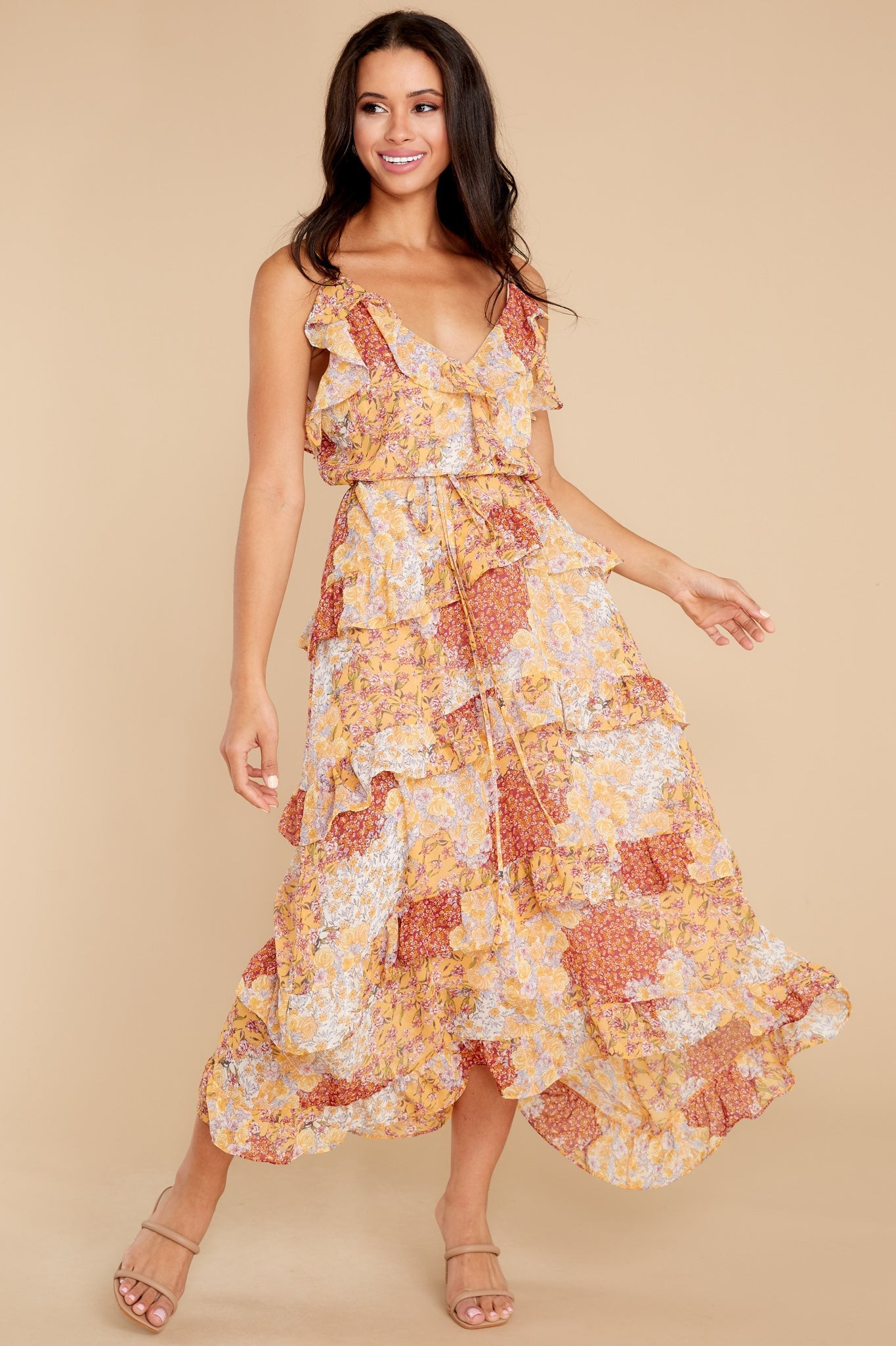 The Weekend Awaits Light Goldenrod Floral Print Midi Dress | Red Dress 