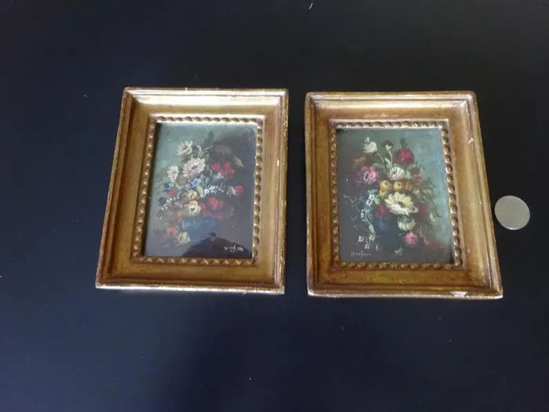 Antique French Paintings 2 Florals Oil Old European Art Gallery Wall French Home Decor Vintage | Etsy (Global)