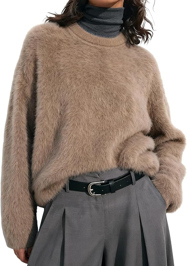 Wyeysyt Womens Fuzzy Sweaters Crewneck Fur Sweater Long Sleeve Furry Sweaters 2026 Knit Sweater J... | Amazon (US)