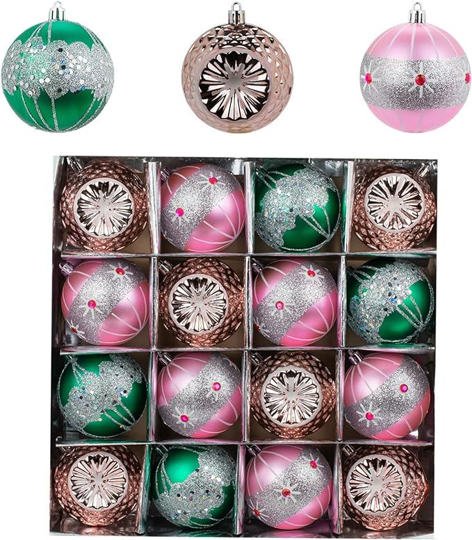 16 Pcs Pink & Green Big Christmas Balls Ornaments Set, 80mm/3.15" Shatterproof Luxury Xmas Hangin... | Amazon (US)