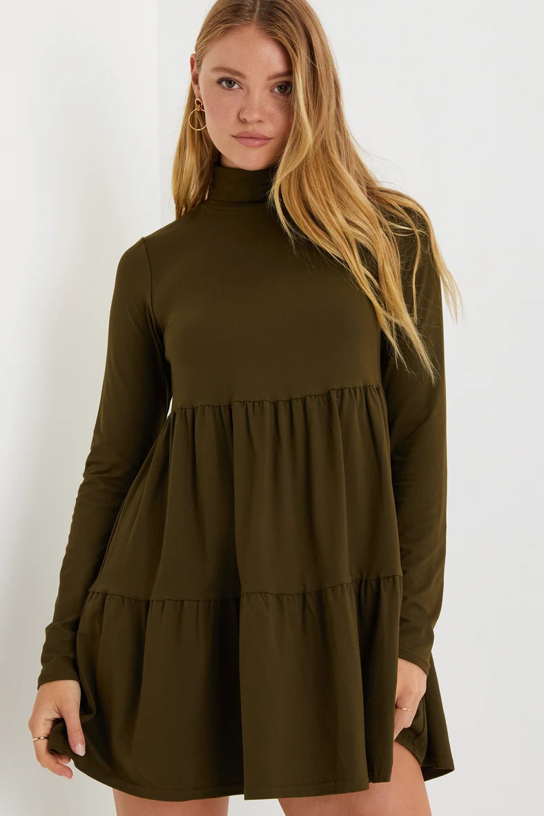 Effortless Autumn Olive Green Turtleneck Babydoll Mini Dress | Lulus (US)