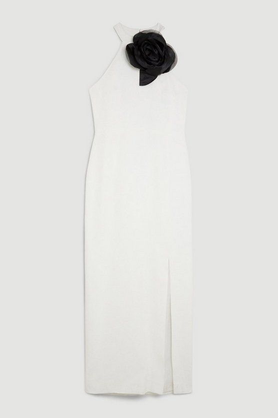 Compact Viscose Corsage Detail Tailored Halterneck Midaxi Dress | Karen Millen US