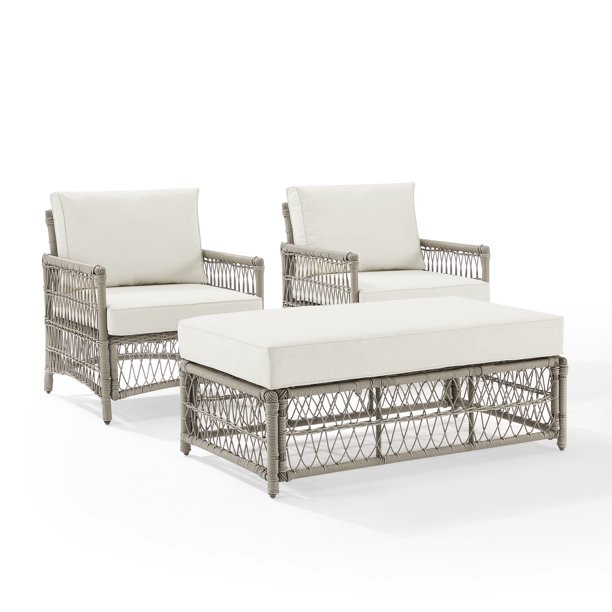 Thatcher 3Pc Outdoor Wicker Armchair And Ottoman Set Creme/Driftwood - Coffee Table Ottoman & 2 A... | Walmart (US)